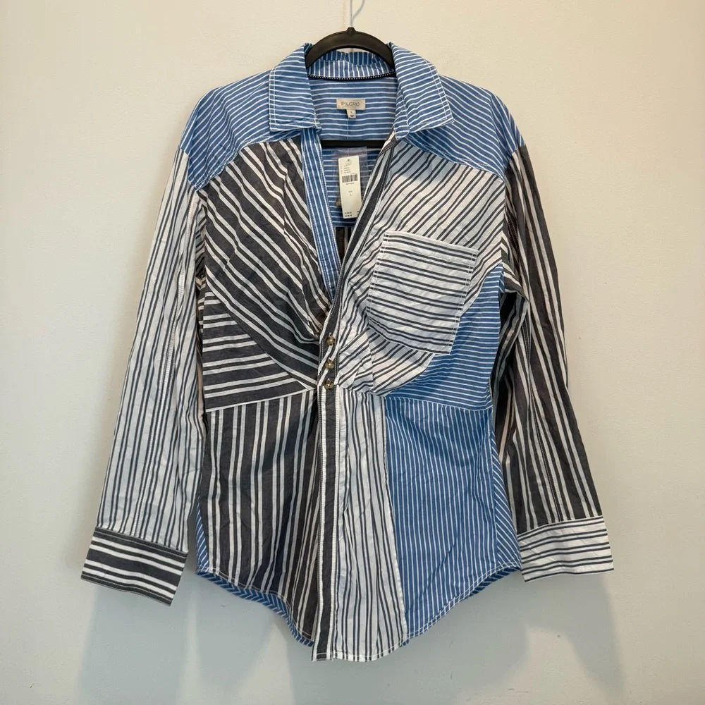 Pilcro Reworked Mixed Stripe Buttondown Shirt size L - Picture 2 of 12